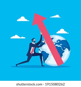 elegant businessman worker with world planet and arrow up vector illustration design