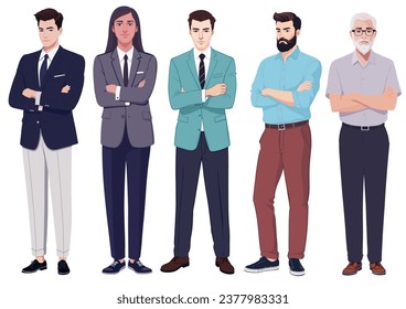 Elegant businessmen in formal attire with crossed arms professional demeanor