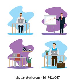 elegant businessmen set scenes icons vector illustration design