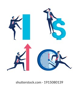 elegant businessmen workers with arrow and dollar symbol vector illustration design