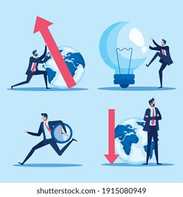 elegant businessmen workers with earth planet and icons vector illustration design