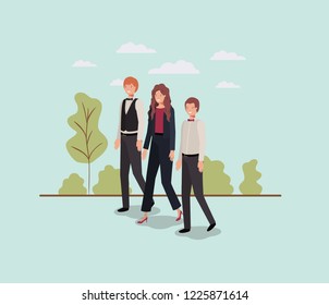 elegant businesspeople walking in the park