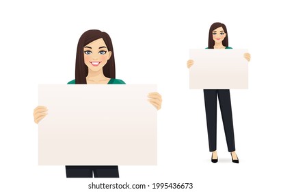 Elegant businesss woman holding empty blank board isolated vector illustration