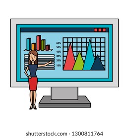 elegant businesswoman with desktop and statistics