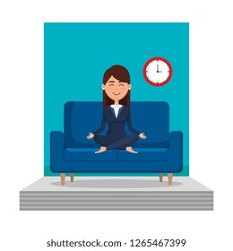 elegant businesswoman with lotus pose in the livingroom