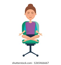 elegant businesswoman with lotus pose in office chair