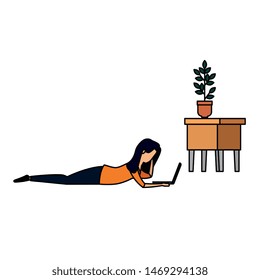 elegant businesswoman lying reading book with houseplant