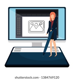 elegant businesswoman with pen in desktop