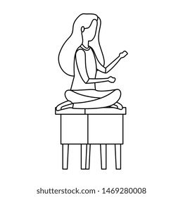 elegant businesswoman seated in bench with lotus position