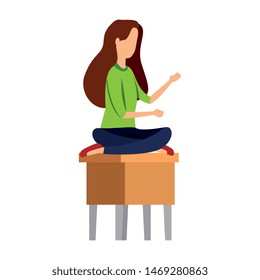 elegant businesswoman seated in bench with lotus position