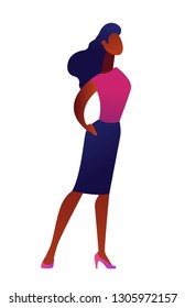 Elegant businesswoman standing vector illustration. Female manager and professional employee, office worker and secretary, business presentation and career concept. Isolated on white background.