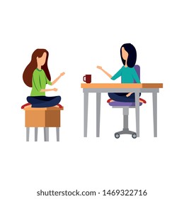 elegant businesswomen seated in lotus position and coffee cup