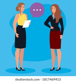 elegant businesswomen with speech bubble and document vector illustration design