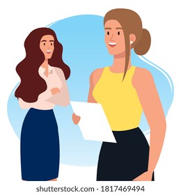 elegant businesswomen talking with document vector illustration design