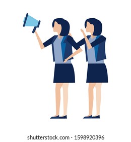 elegant businesswomen workers with megaphone vector illustration design