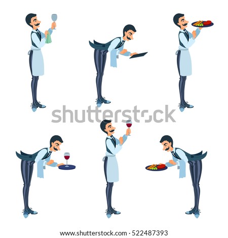 Elegant butler bows, waiter delivers food, plate, wine, menu, wipes a glass. Man with moustache, vest, bow-tie, apron, pants with stripes. Cartoon isolated vector illustration set.