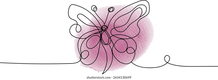 Elegant butterfly continuous line art on a pink watercolor background. Simple, modern, and minimalist.