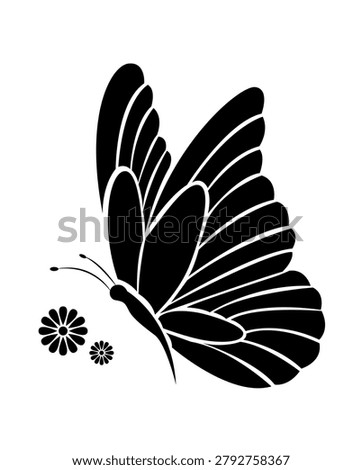 Elegant butterfly glides above delicate flowers. Silhouetted wings show layered, graceful curves. Tiny blossoms frame the insect's gentle flight. Ideal for nature, eco, or artistic design projects
