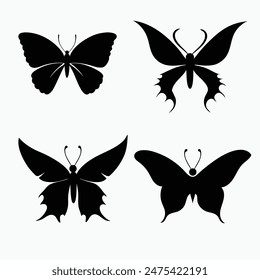 elegant butterfly icons vector set, stylish black butterfly silhouettes pack, beautiful black butterfly icons vector bundle 
