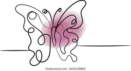 Elegant butterfly illustration in continuous line art with a pink watercolor accent.