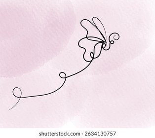 Elegant butterfly illustration in a single continuous line on a soft pink watercolor background.