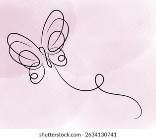 Elegant butterfly illustration with single line on pink watercolor background. Minimalist design for beauty and nature concepts.