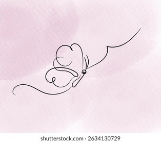 Elegant butterfly line art on a soft pink watercolor background, minimalist and delicate design.