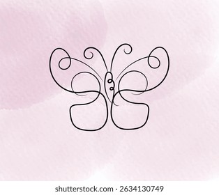 Elegant butterfly line art on a soft pink watercolor background, simple and delicate design.