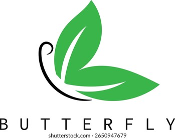 Design elegante logotipo borboleta com folhas verdes e antenas pretas.