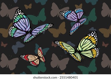 Elegant Butterfly Pattern Colorful Wings on Dark Background for Textile and Digital and butterfly pattern 