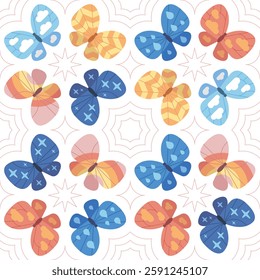 Elegant butterfly pattern featuring rain, rainbow, sun, clouds, and stars on delicate wings. A charming mix of pastel tones and minimalist elegant geometric shapes.