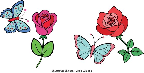 "Elegant butterfly and rose vector illustration, featuring intricate details and graceful design. Perfect for nature-inspired art, wedding themes, and decorative projects with a touch of romance 