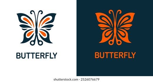 Elegantes Schmetterling und Schere Logo Design mit symmetrischen Formen in schwarz und orange. Geeignet für Salon- oder Schneiderlogos, die ein anmutiges und modernes Symbol erfordern