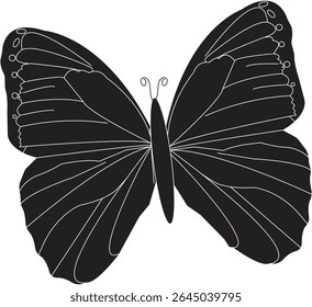 Silhueta elegante borboleta com asas detalhadas, perfeito para a natureza, vida selvagem, e projetos de design. Gráfico de estilo vetorial simples e versátil.