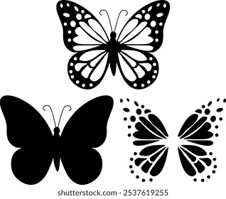 Elegant butterfly silhouette icon set in a minimalist style for logos, decorative elements, tattoo designs, and nature themed projects.