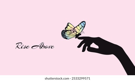 Elegant Butterfly Silhouette on Hand Vector Illustration with Inspirational Phrase For Summer And Spring Wedding Decoration, Greeting Card, Wrapping Print, Retro Art, Nature Inspired Decor.