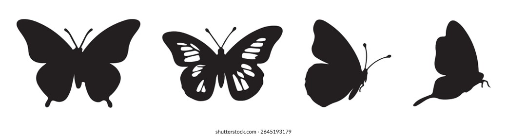 Elegante conjunto de silhuetas borboleta - Coleção de borboleta vetor preto contornos em várias postes voadoras e descansando.
