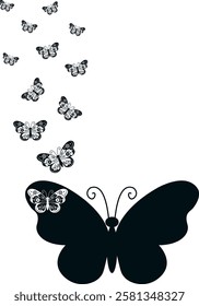 Elegant butterfly silhouette with smaller intricate butterflies flying away, for tattoo designs, greeting cards, branding, wall art, and creative projects.