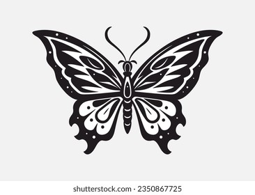 Elegant butterfly Vector Icon on a light grey backdrop. Hand Drawn Moth for Stationery, Mug, T-shirt, Phone Case. Fashion Style Spring and Summer Logo