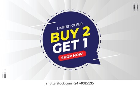 Elegant 'Buy 2 Get 1' vector art banner design on a clean white background, perfect for highlighting special offers.