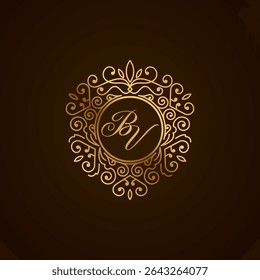 Elegant BV Monogram Logo with Golden Ornamental Frame on Dark Background – Luxury Initial Design