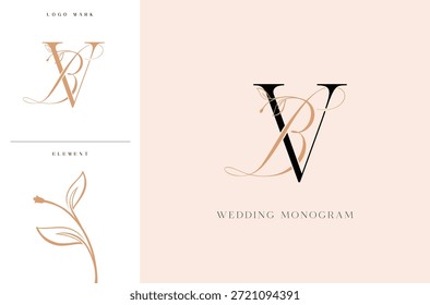 Logotipo elegante del monograma de la boda de BV con los acentos botánicos