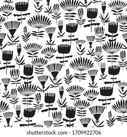 Elegant BW decorative flowers seamless pattern. Floral vector tile rapport for background, fabric, textile, wrap, surface, web and print design.
