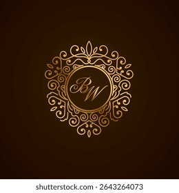 Elegant BW Monogram Logo with Golden Ornamental Frame on Dark Background – Luxury Initial Design
