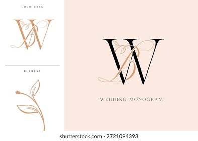 Logotipo elegante del monograma de la boda de BW con los acentos botánicos