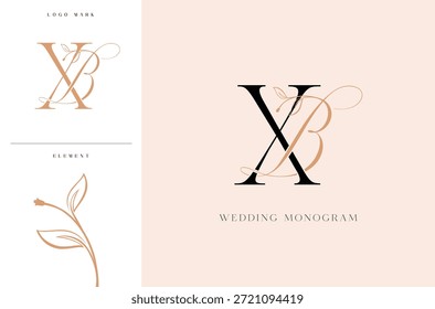 Logotipo elegante del monograma de la boda de BX con los acentos botánicos