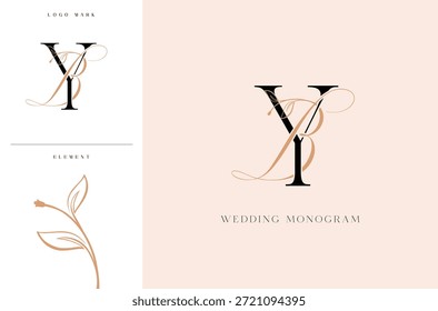 Logotipo elegante del monograma de la boda de BY con acentos botánicos