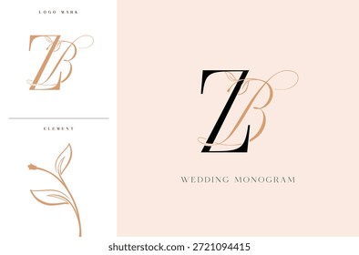 Logotipo elegante del monograma de la boda de BZ con los acentos botánicos