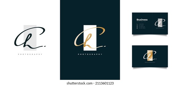 Elegant C and H Initial Logo Design in Gold Handwriting Style. CH Signature Logo or Symbol for Wedding, Fashion, Jewelry, Boutique, Botanical, Floral and Business Identity
