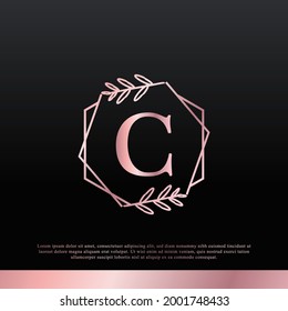 Elegant C Letter Hexagon Floral Logo with Creative Elegant Leaf Monogram Branch Line and Pink Black Color. Usable for Business, Fashion, Cosmetics, Spa, Science, Medical and Nature Logos.